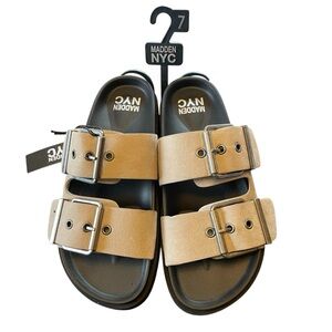 Madden NYC Womens Two Strap Sandal NWT Taupe Sz 7 Slip On Bohemian Comfort Slide